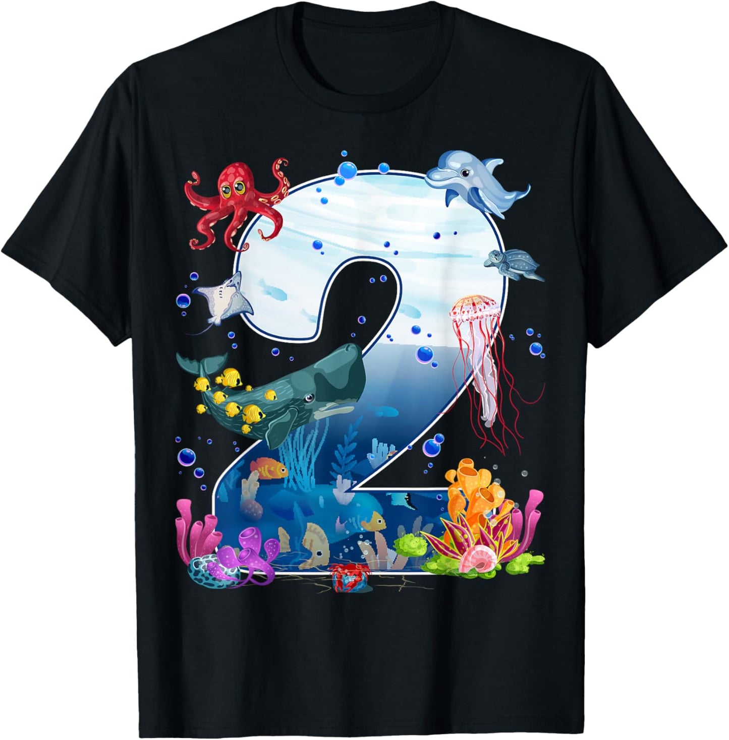 2nd Birthday Party Ocean 2 Year Old Sea Fish Aquarium Boy T-Shirt - T-Shirt | Black