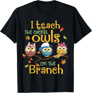 I Teach The Cutest Owls On The Branch Teacher Fall Autumn T-Shirt - T-Shirt | Black