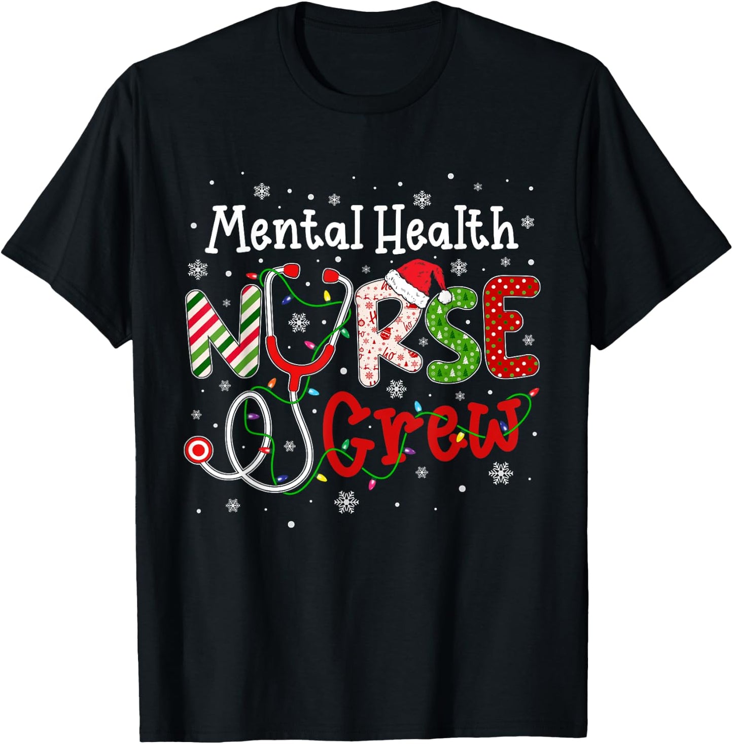 Mental Health Christmas Nurse Crew Nursing Christmas Pattern T-Shirt - T-Shirt | Black