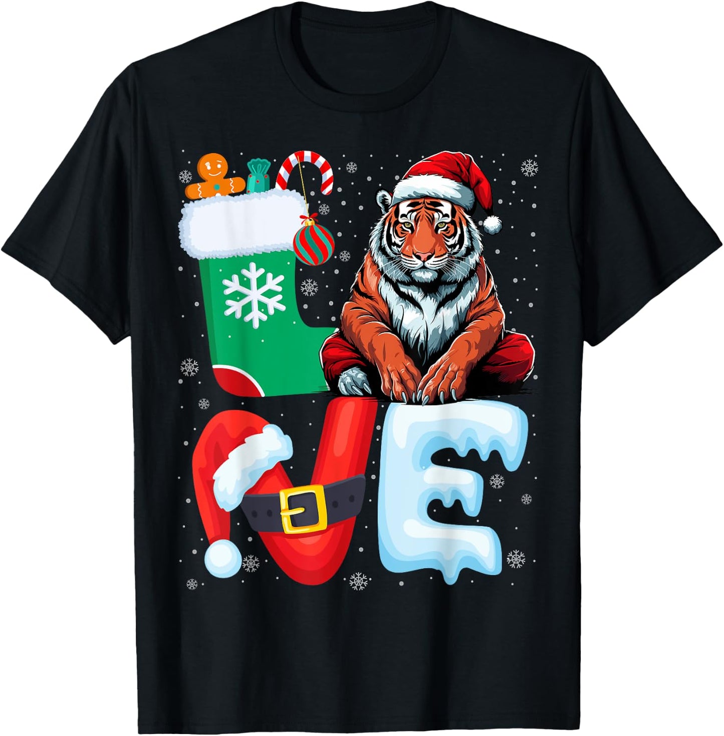 Tiger Lover Santa Hat Xmas Holiday Tiger Christmas T-Shirt - T-Shirt | Black