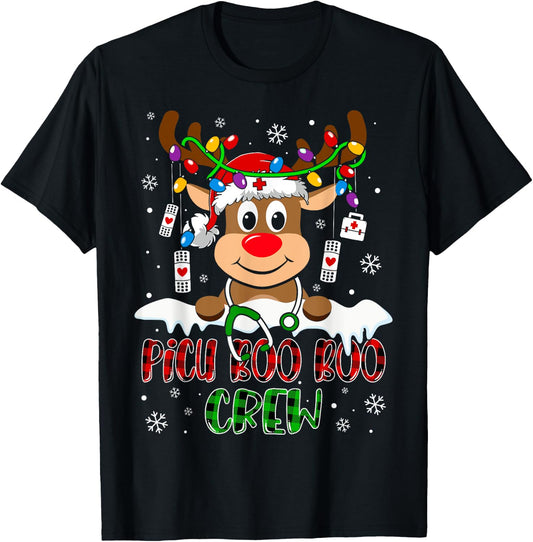 PICU Nurse Boo Crew Reindeer Nurse Buffalo Plaid Christmas T-Shirt - T-Shirt | Black