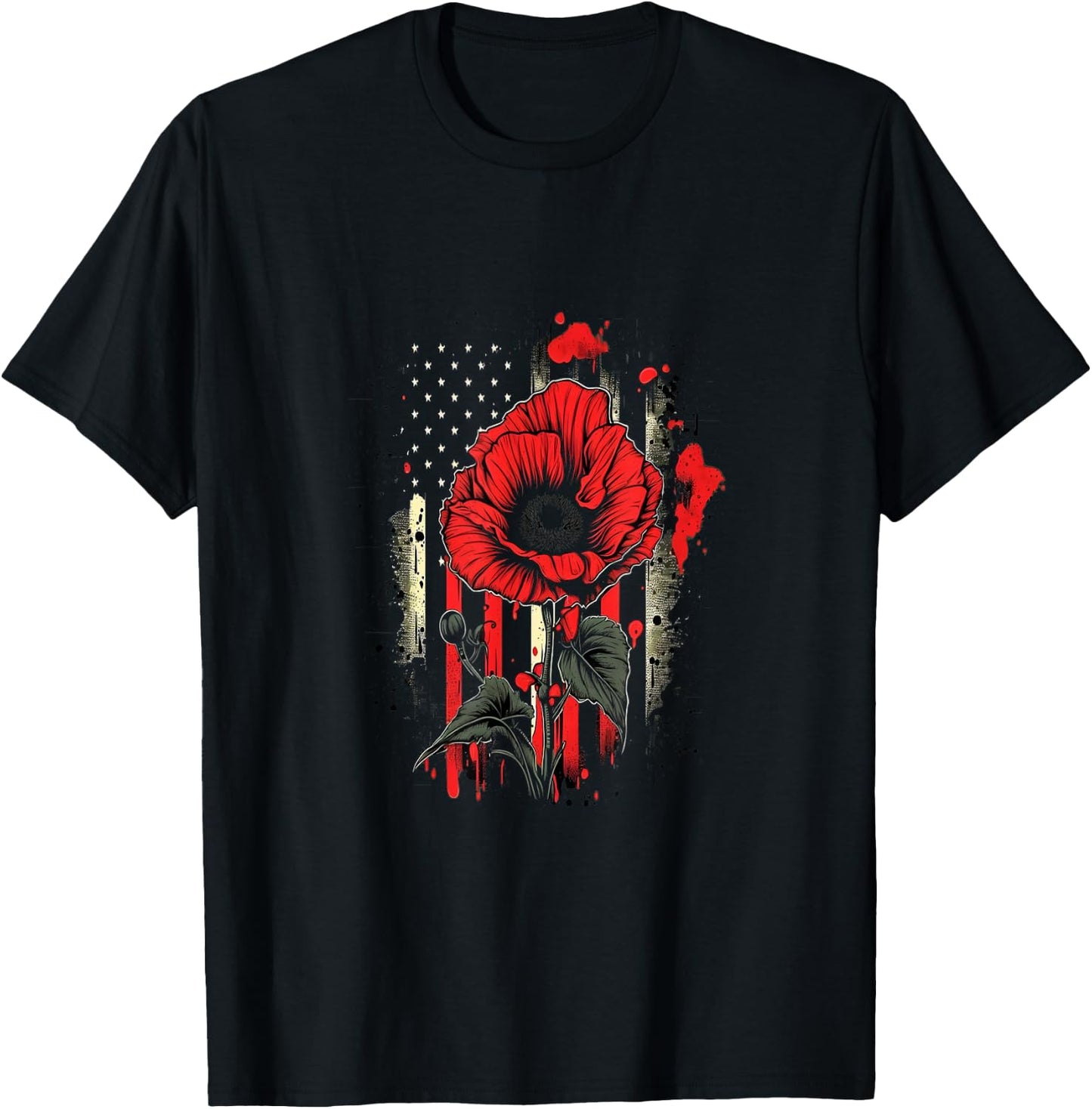 Memorial Day Red Poppy Flower American Flag USA 4th of July T-Shirt - T-Shirt | Black