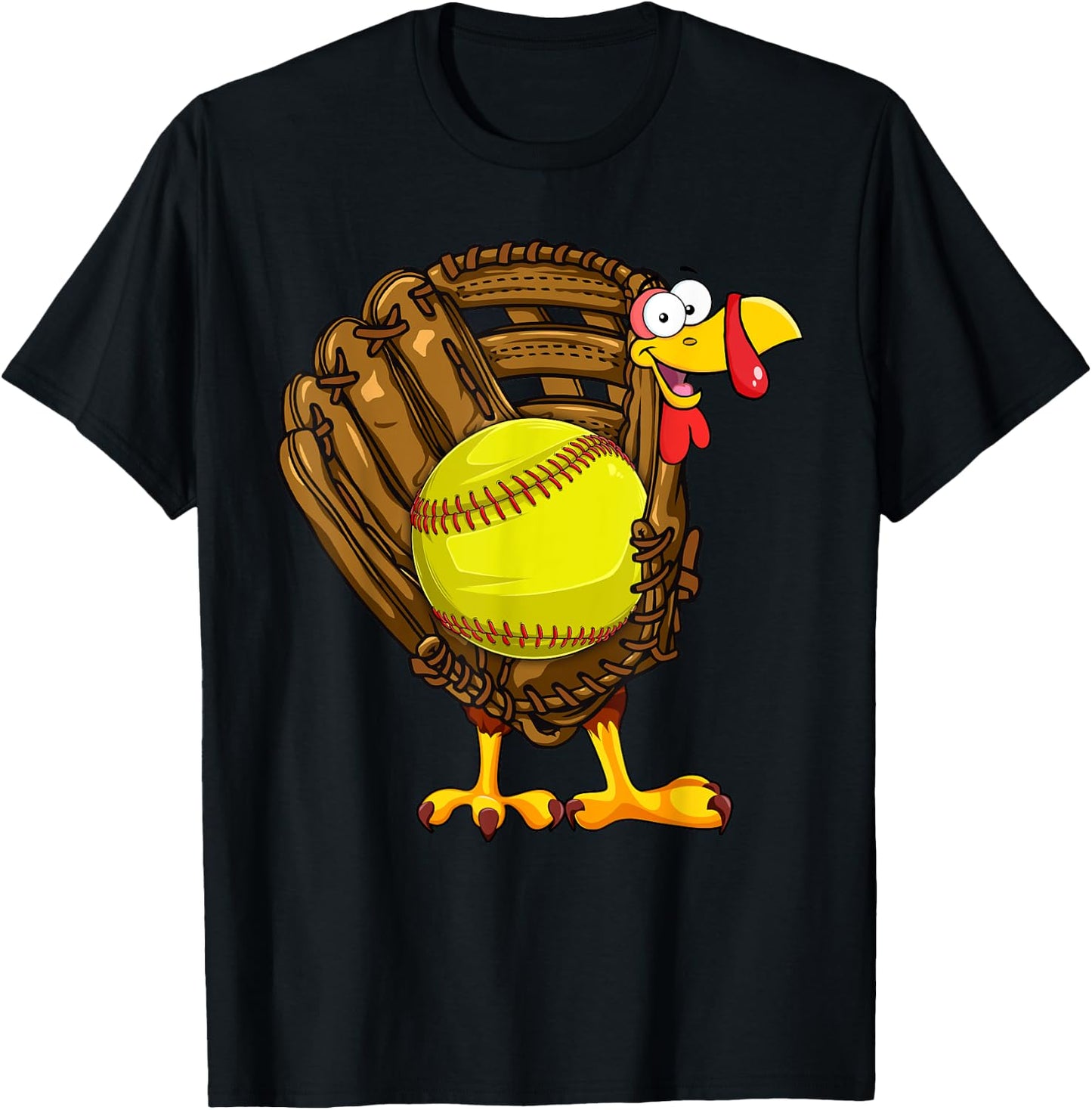 Funny Turkey Softball Glove Autumn Fall Vibes Thanksgiving T-Shirt - T-Shirt | Black