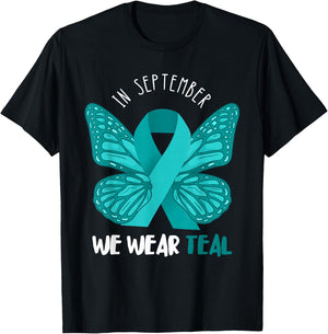 Ovarian Cancer Awareness Teal Ribbon September Butterfly T-Shirt - T-Shirt | Black