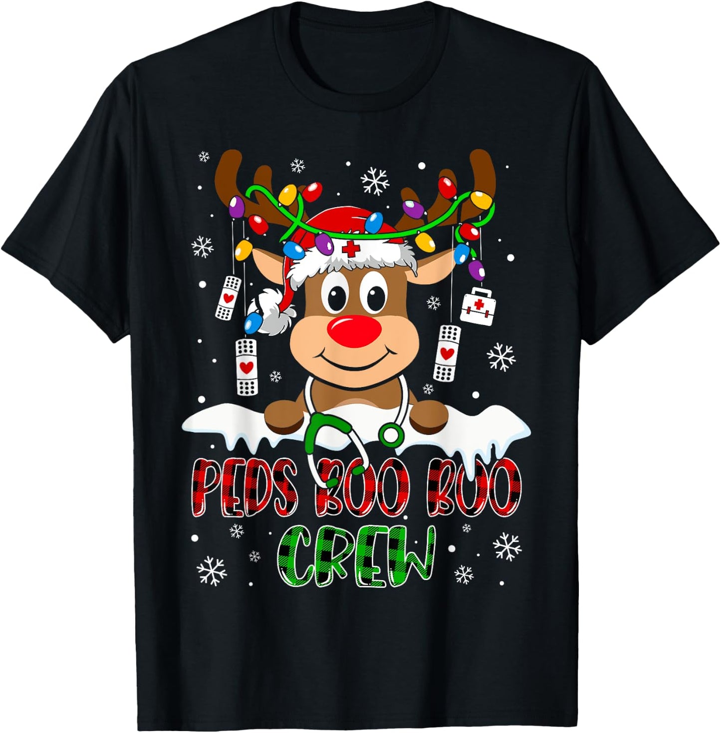 Peds Nurse Boo Crew Reindeer Nurse Buffalo Plaid Christmas T-Shirt - T-Shirt | Black