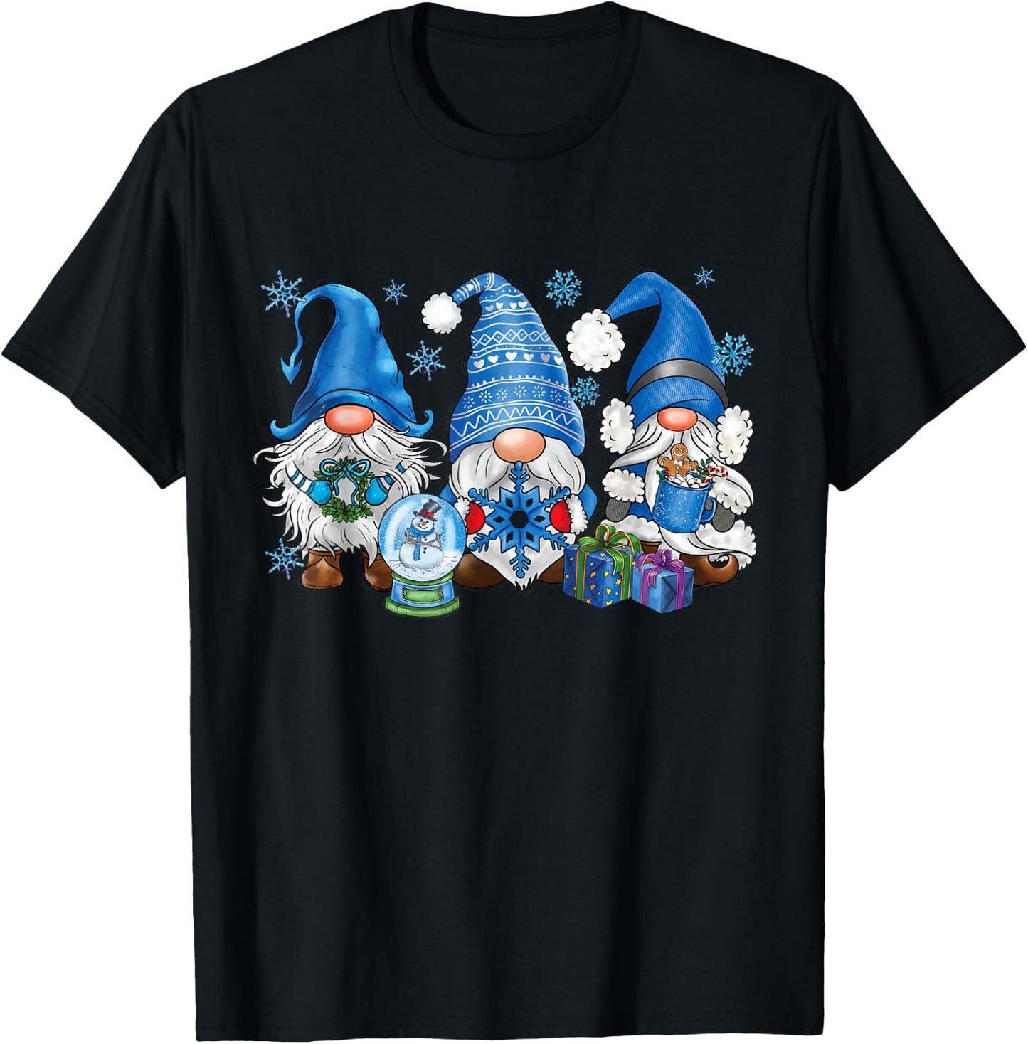 Snowman Gnomes in Blue Merry Christmas Gnomies Hello Winter T-Shirt - T-Shirt | Black