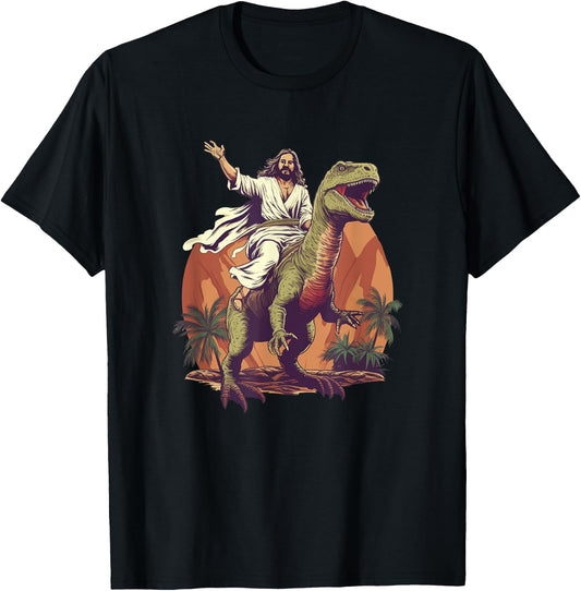 Funny Jesus Riding T-Rex Dinosaur Meme Parody for Believers T-Shirt - T-Shirt | Black