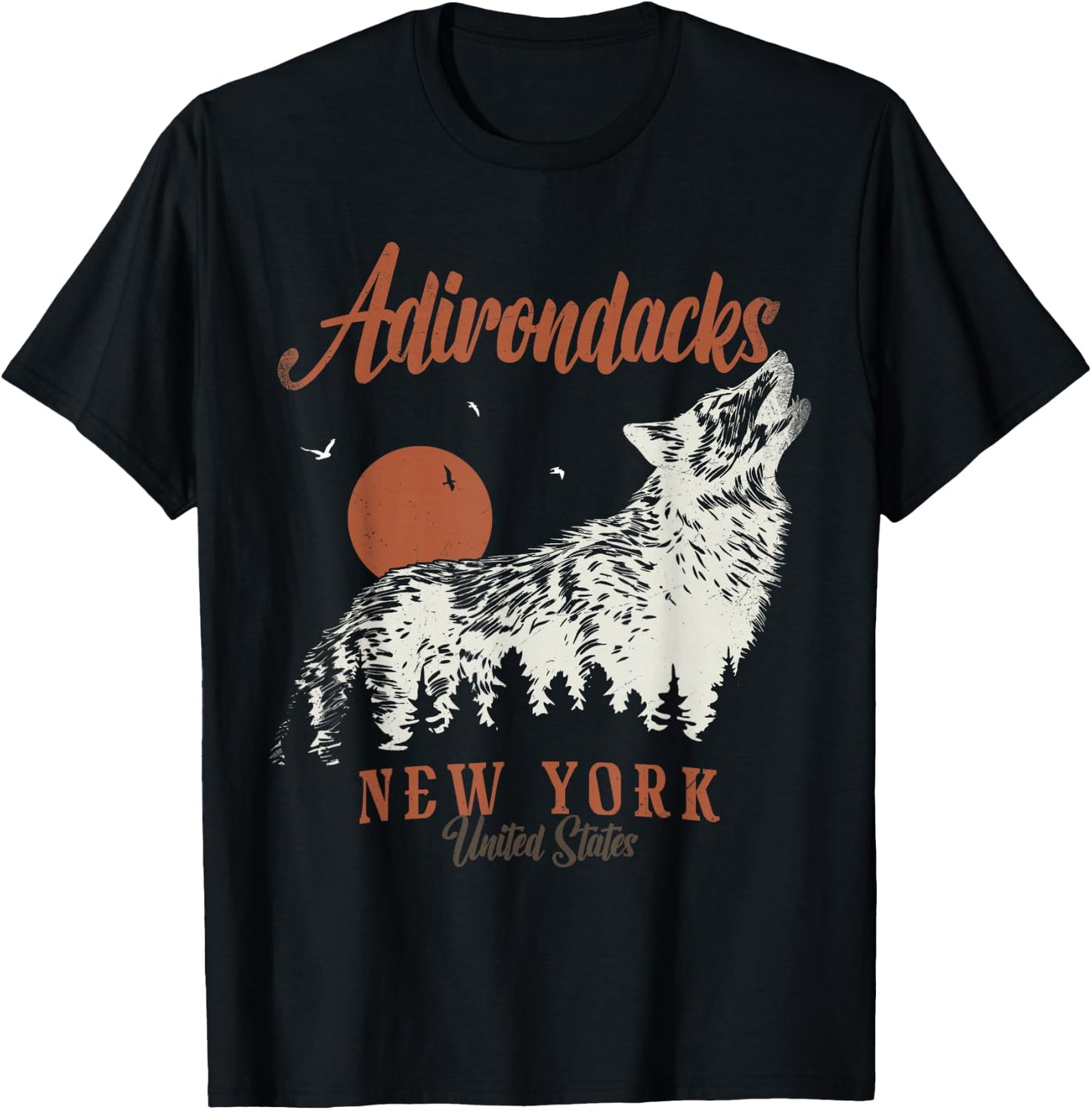 Vintage Adirondacks Mountains New York Forest Wolf T-Shirt - T-Shirt | Black