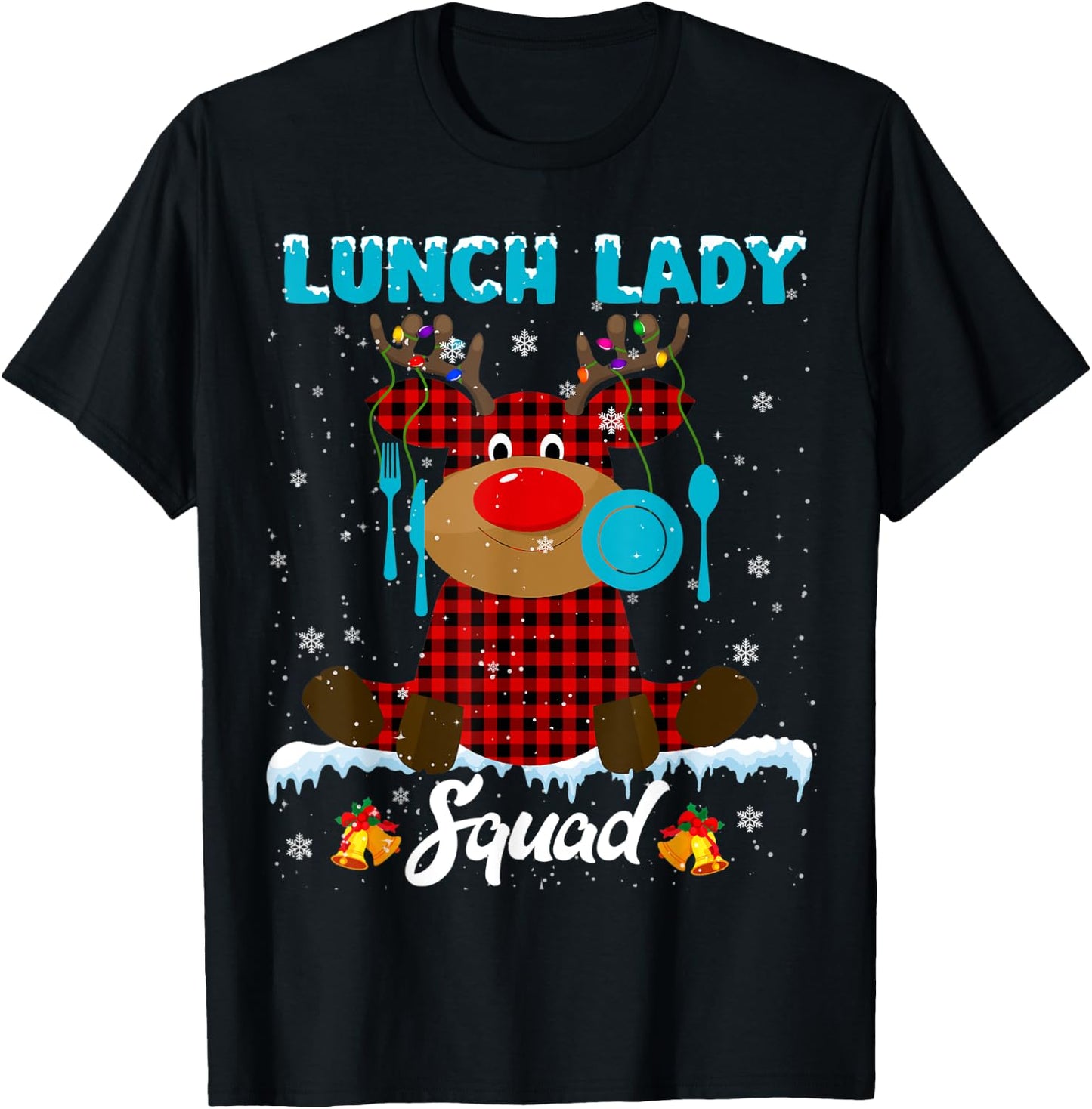 Lunch Lady Squad Xmas Lights Red Plaid Reindeer Lunch Lady T-Shirt - T-Shirt | Black