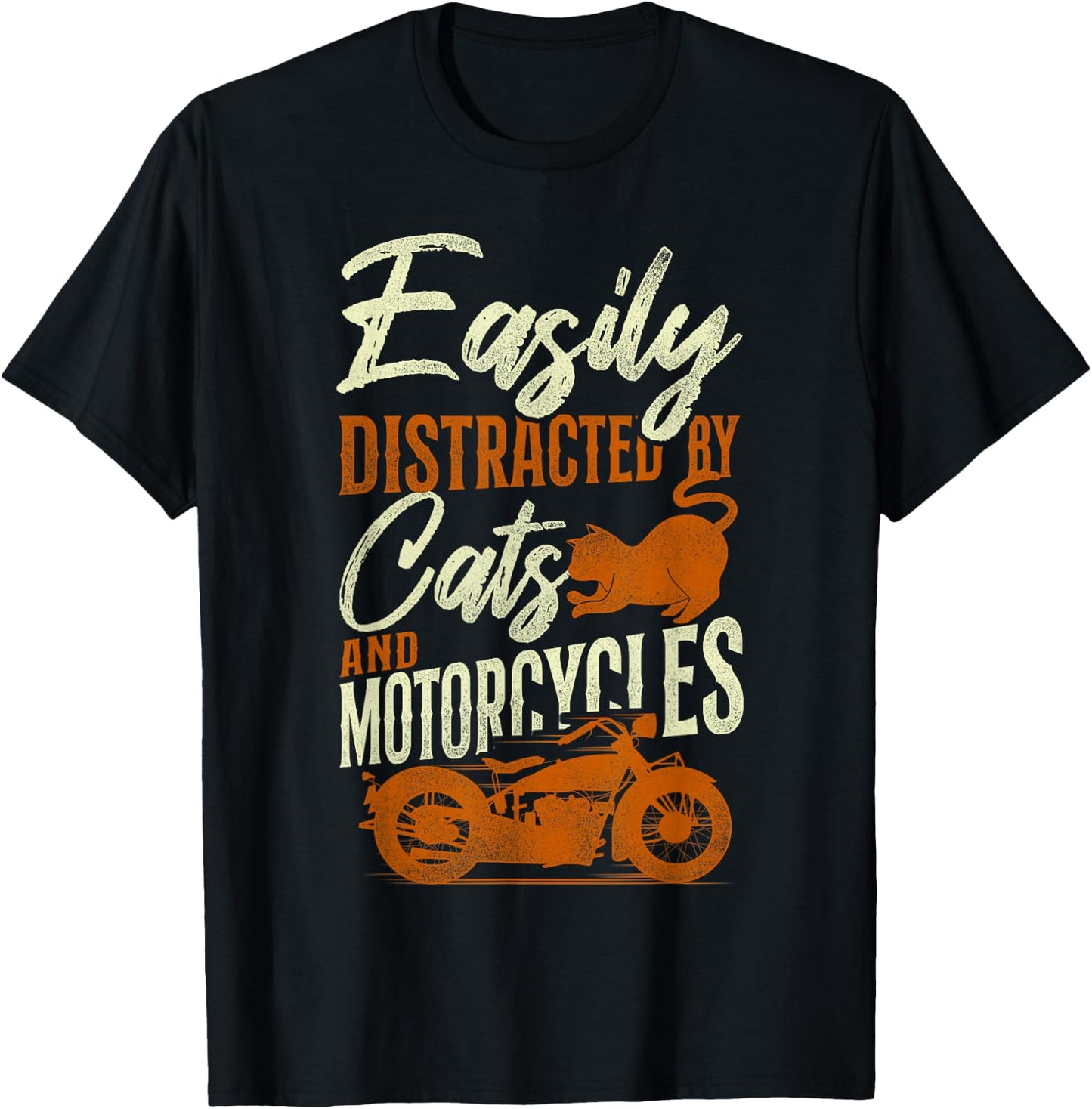 Classic Motorcycle Biker Cat Easily Distracted By Cats And T-Shirt - T-Shirt | Black