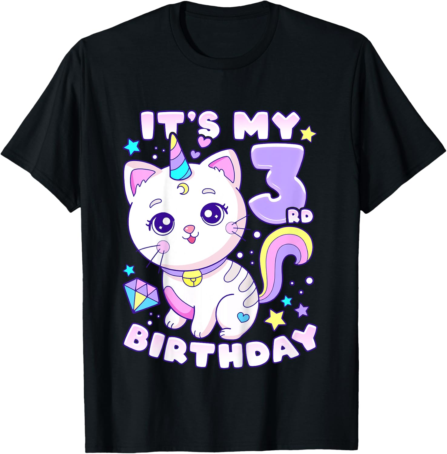 Birthday girl 3 years old, cat, unicorn, 3rd birthday T-Shirt - T-Shirt | Black