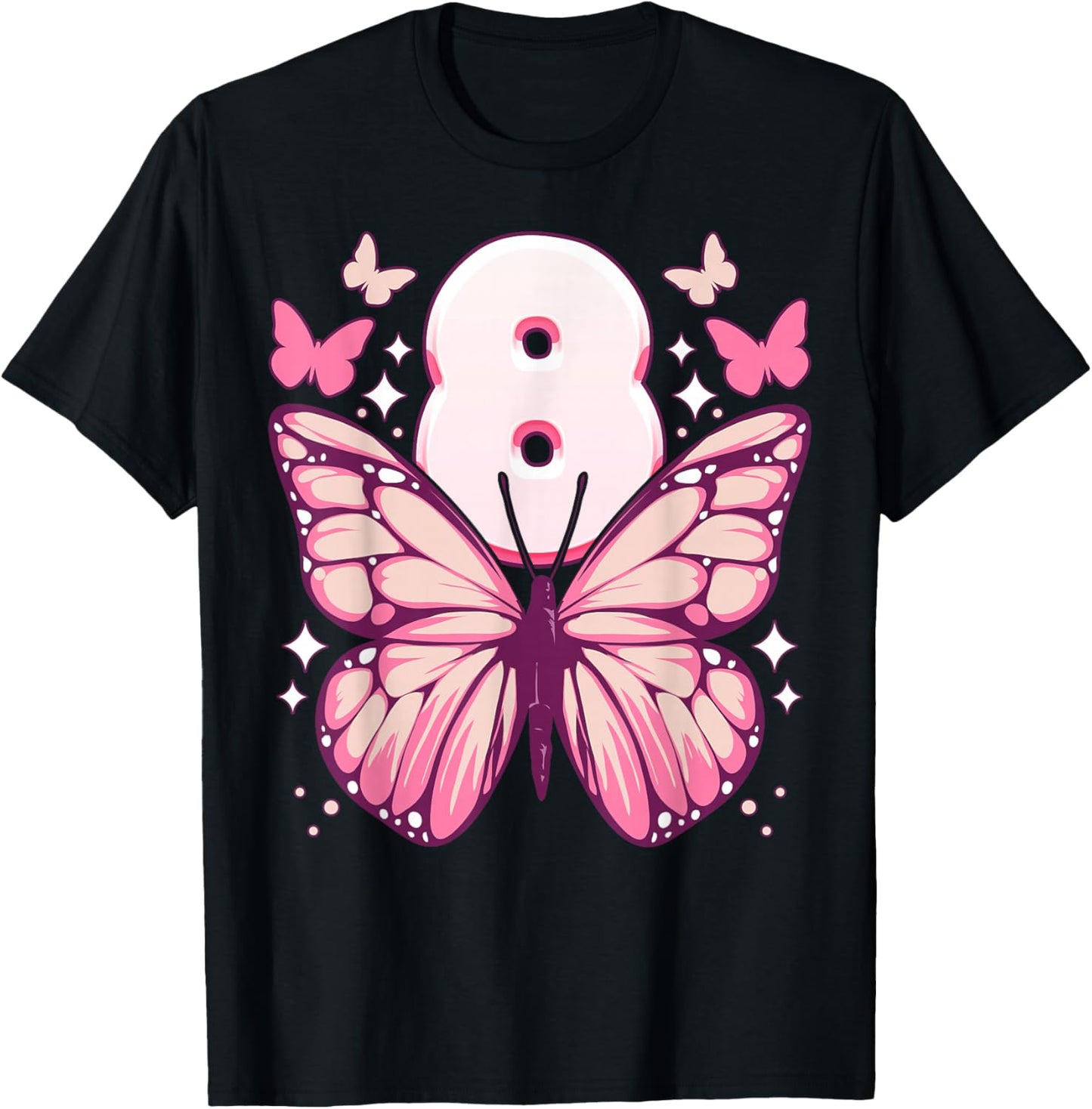 Birthday Girl 8 Years, Butterflies and Number 8 T-Shirt - T-Shirt | Black