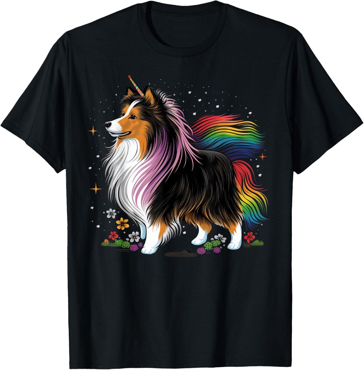 Sheltie Unicorn on Rainbow Unicorn Shetland Sheepdog T-Shirt - T-Shirt | Black