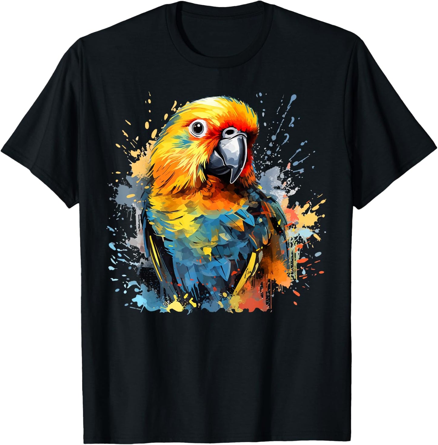 Colorful Splash Art Sun Conure Parrot Lover T-Shirt - T-Shirt | Black