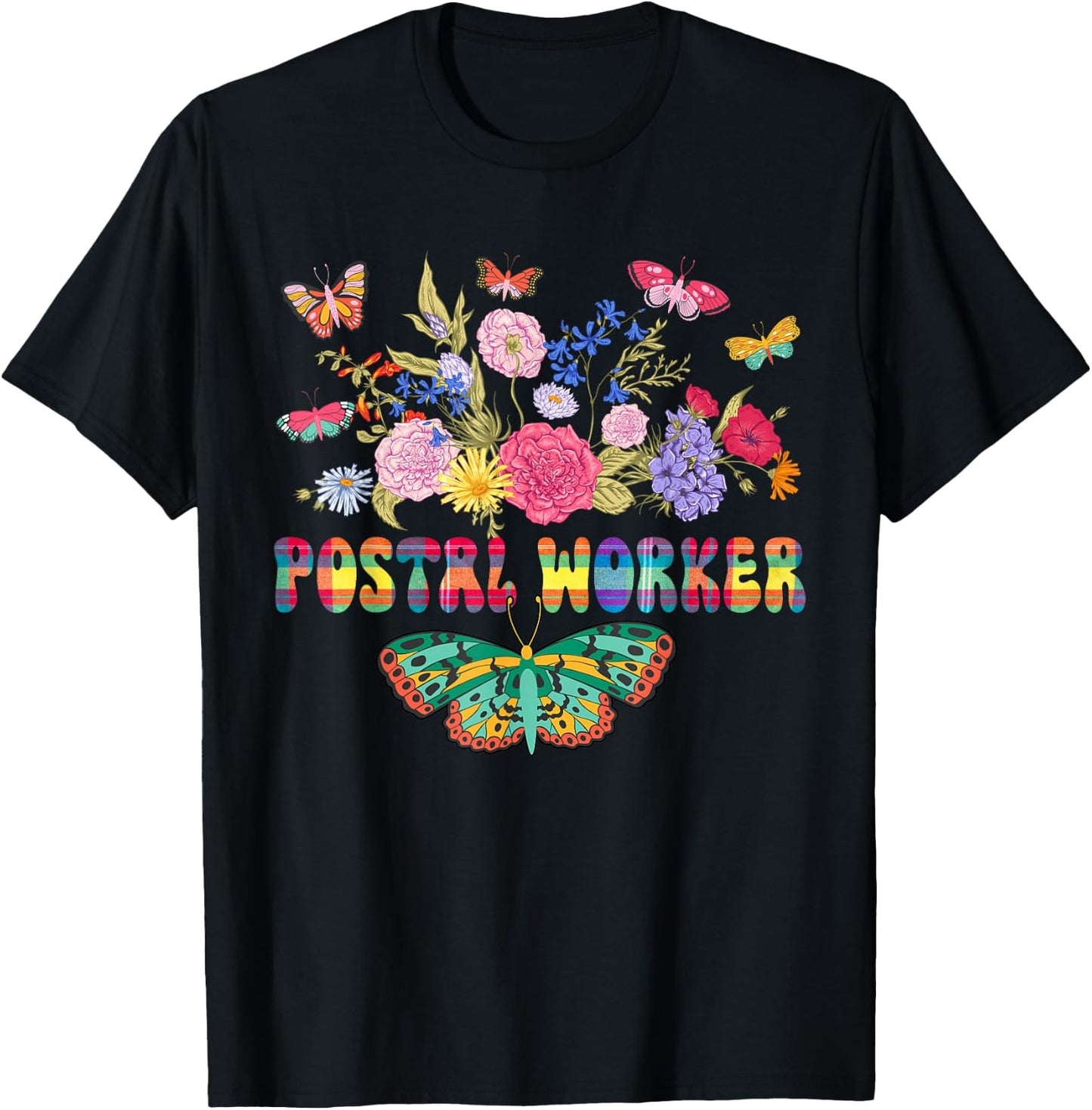 Postal Worker Cute Flowers Butterflies Costume Postal Worker T-Shirt - T-Shirt | Black