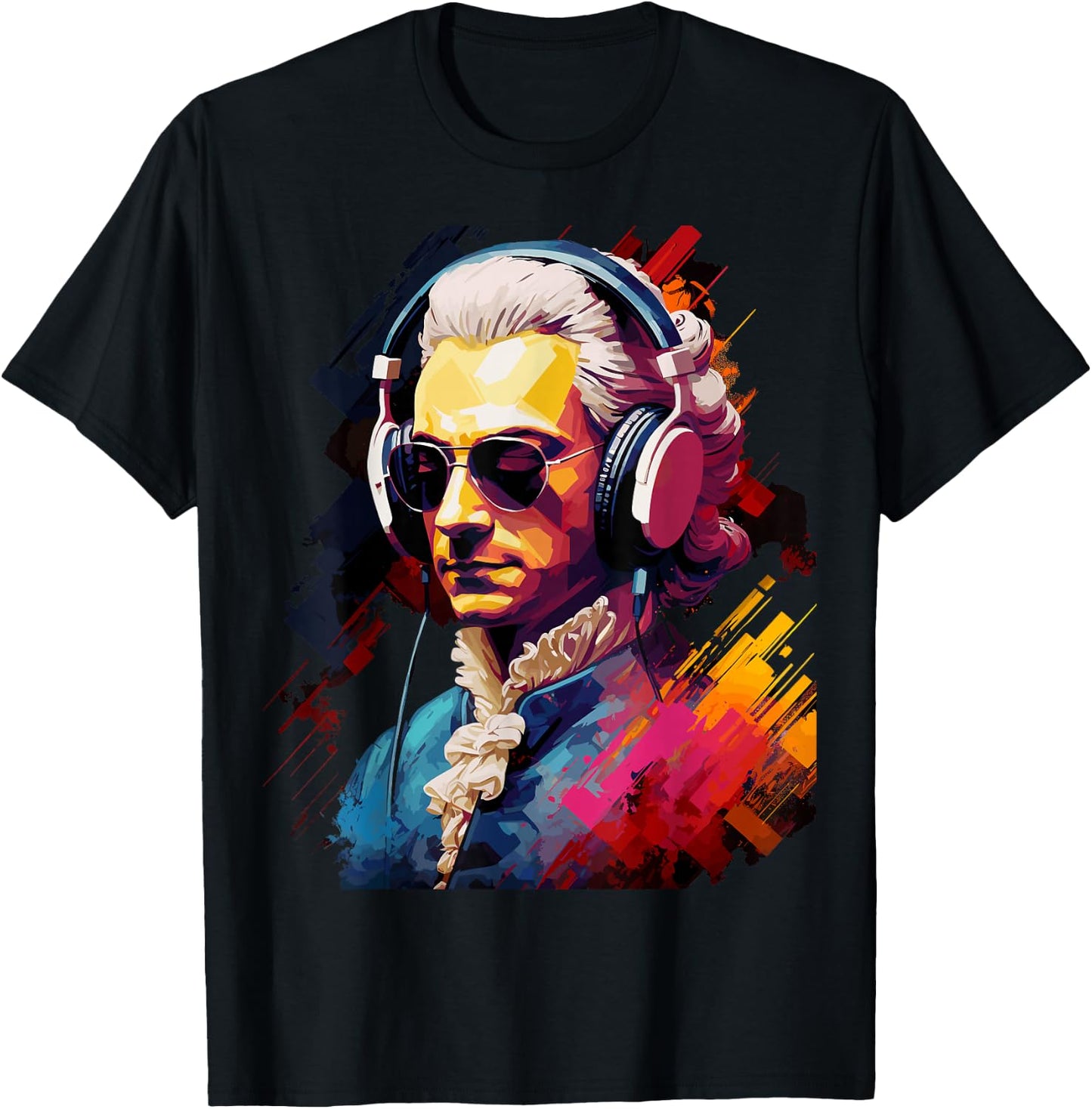 Colorful Mozart With Headphones - Classic Music Themed T-Shirt - T-Shirt | Black