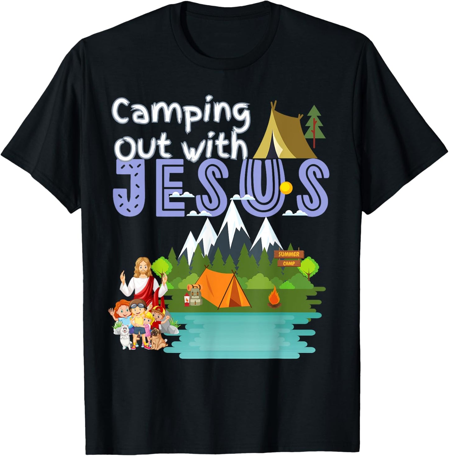Camping Out With Jesus Summer Camp VBS Christian Kids T-Shirt - T-Shirt | Black