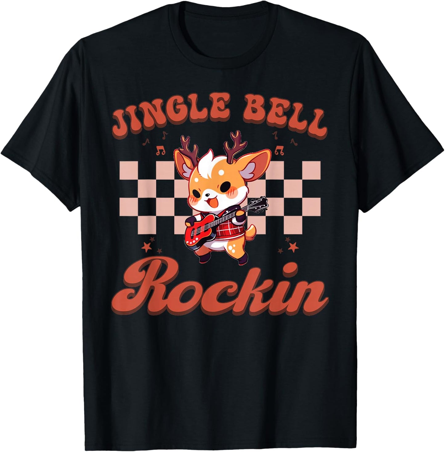 Jingle Bell Rocking Christmas Reindeer Rock n Roll Guitar T-Shirt - T-Shirt | Black