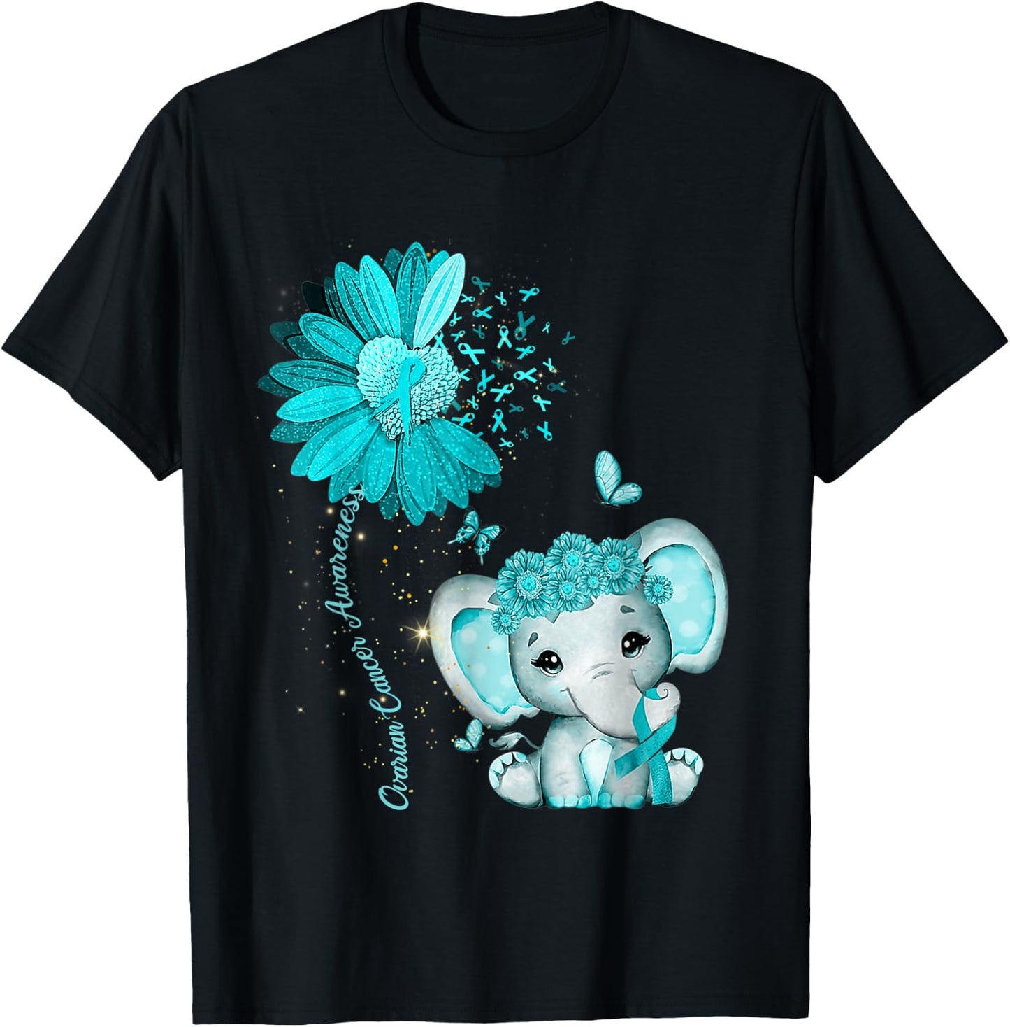 Ovarian Cancer Awareness Sunflower Teal Ribbon Elephant T-Shirt - T-Shirt | Black