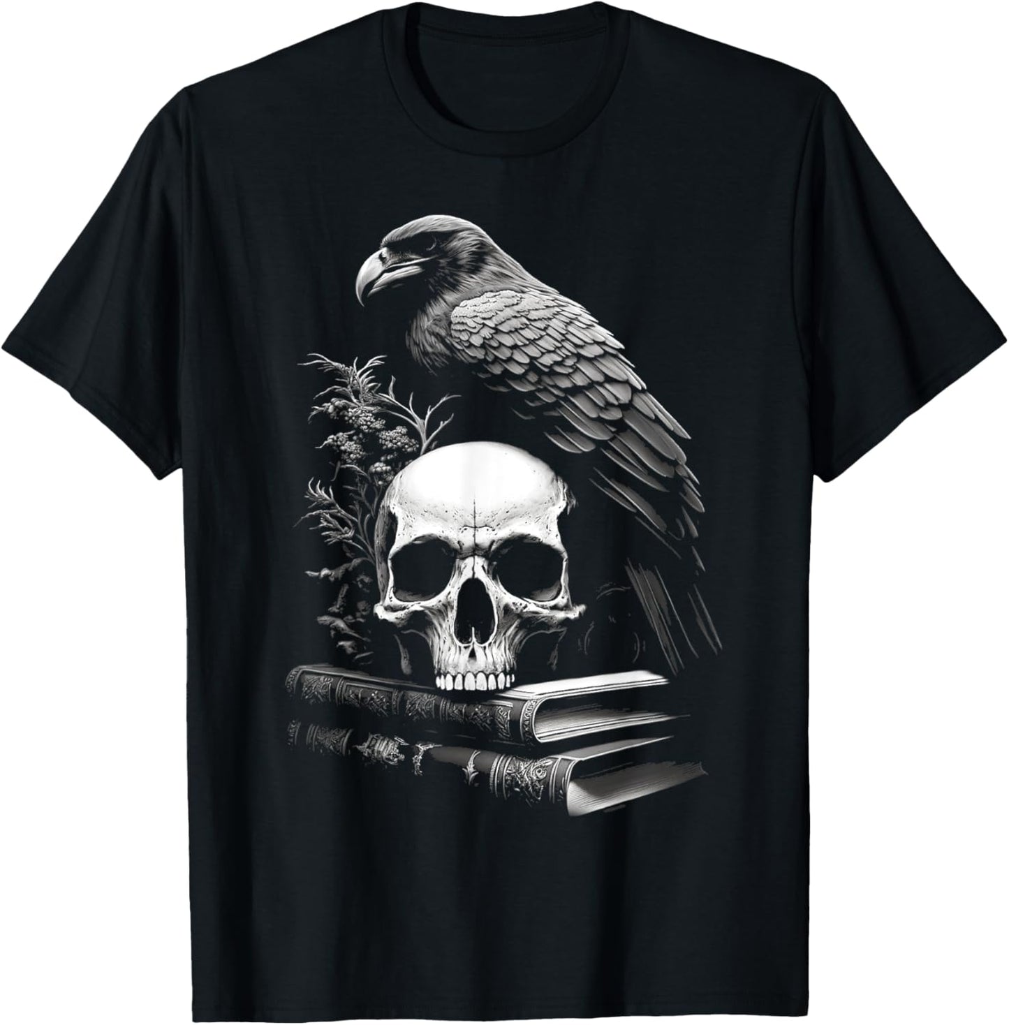 Raven Bird, Skull And Books Witchy Occult Academia Symbolism T-Shirt - T-Shirt | Black