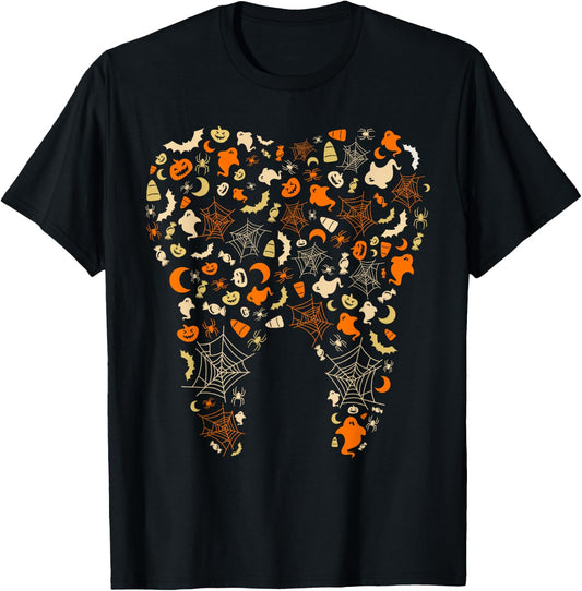 Ghosts & Pumpkins Spider Webs Tooth Dental Squad Halloween T-Shirt - T-Shirt | Black