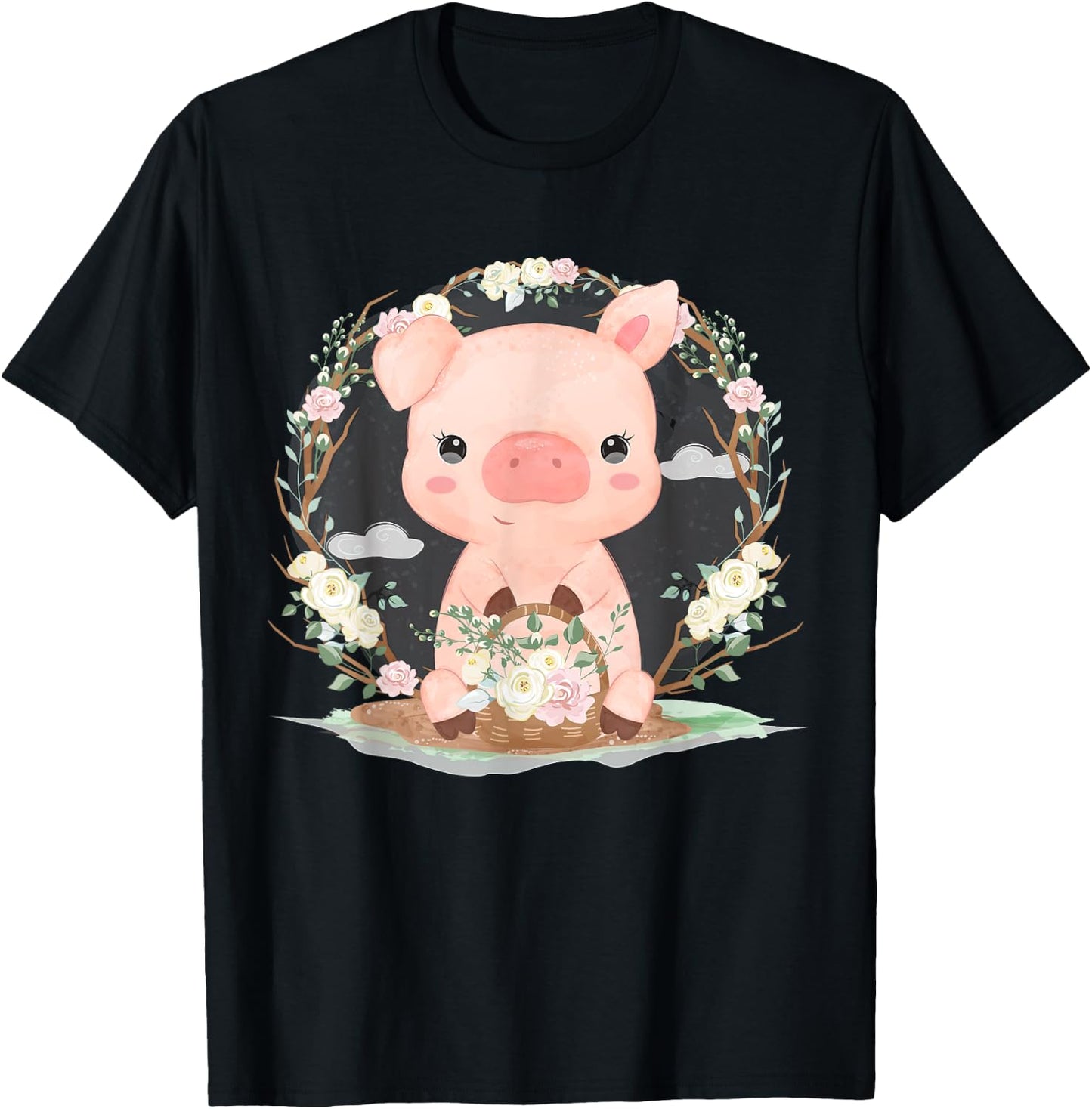 Adorable Little Pig With Flowers T-Shirt - T-Shirt | Black
