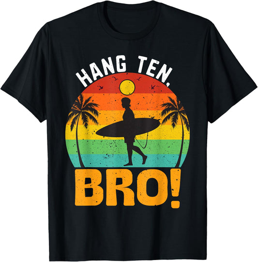 Hang Ten, Bro!, Surfer with Surfboard Swell Wave Sunset T-Shirt - T-Shirt | Black
