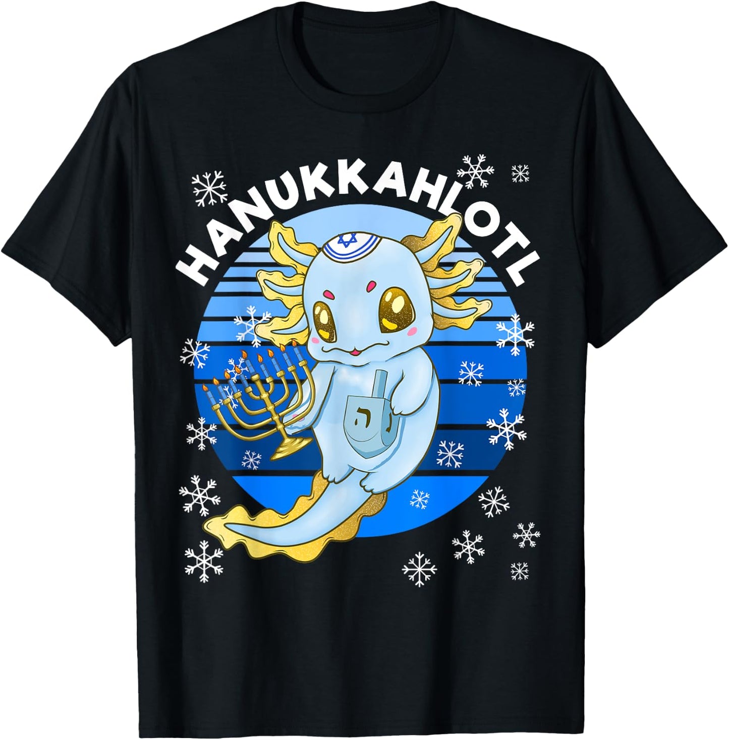 Axolotl Hanukkah With Dreidel Menorah Men Women Kids T-Shirt - T-Shirt | Black