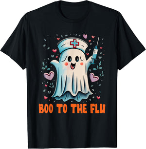 Boo To Flu Ghost Retro Halloween T-Shirt - T-Shirt | Black