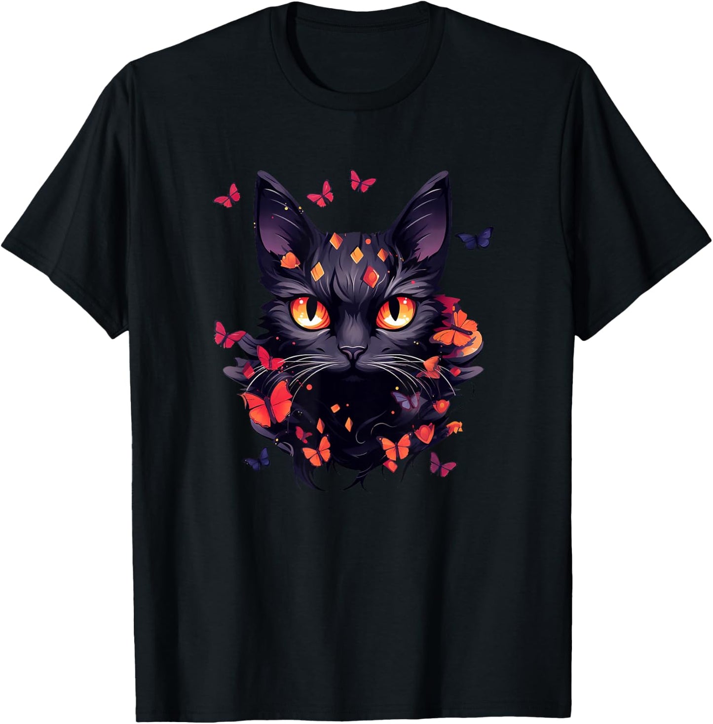 Black Cat with Butterflies Butterfly Cats Animal T-Shirt - T-Shirt | Black