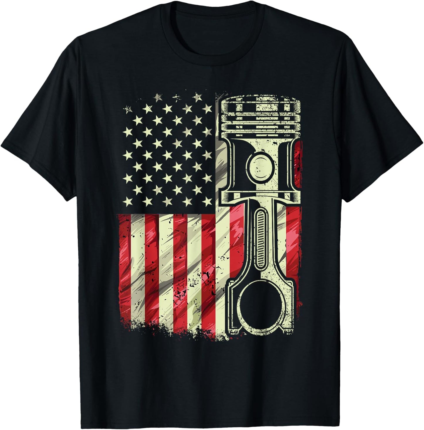 Mechanic American Flag Piston Muscle Car Patriotic Vintage T-Shirt - T-Shirt | Black