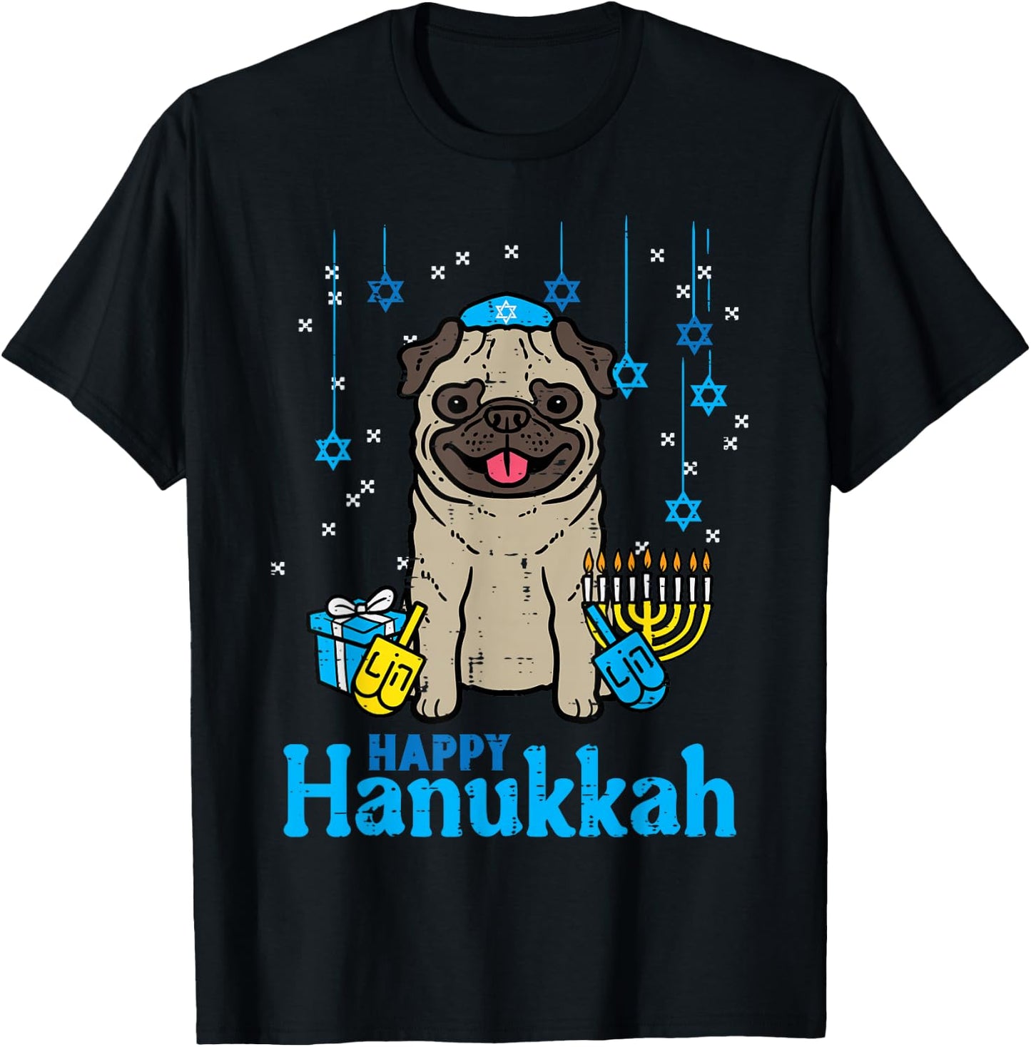 Happy Hanukkah Dog Pug Cute Chanukah Jewish Men Women Kids T-Shirt - T-Shirt | Black
