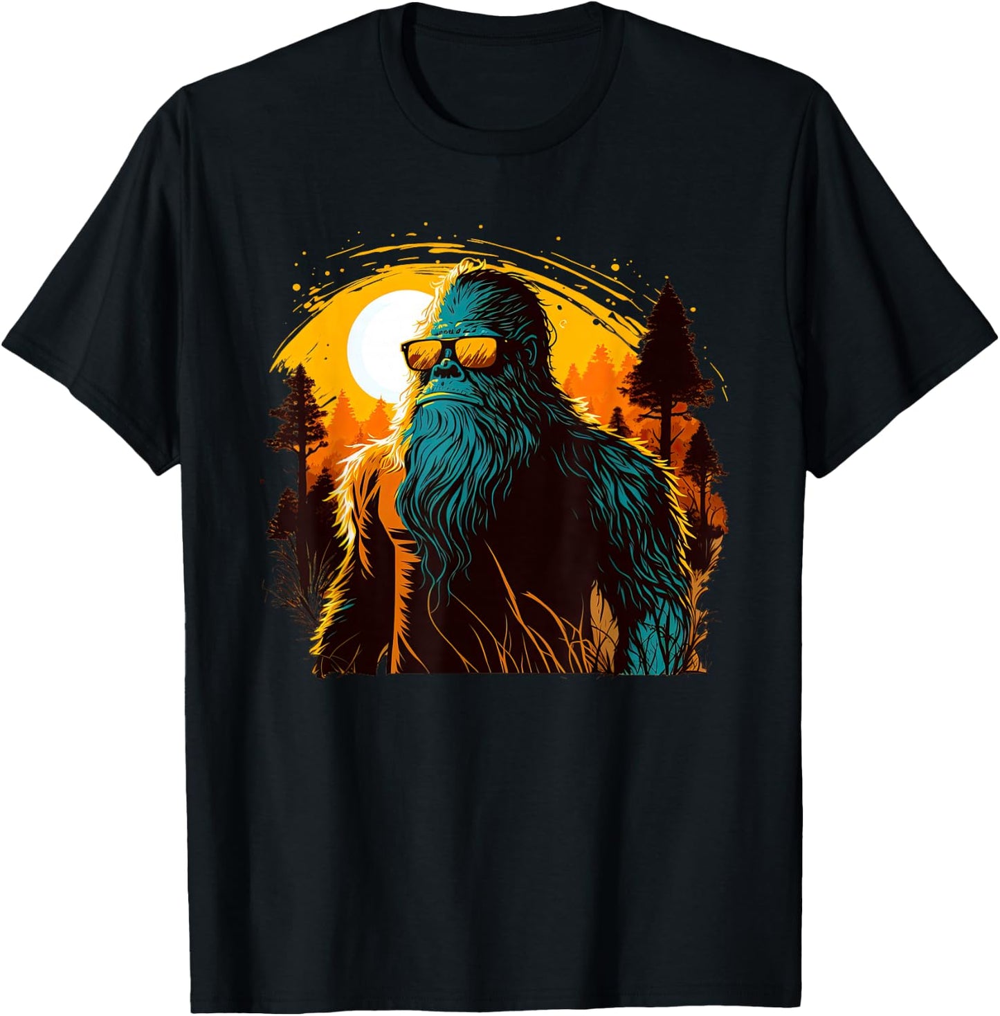 Cool Bigfoot Sasquatch Sunset Forest Retro Cryptid yeti T-Shirt - T-Shirt | Black