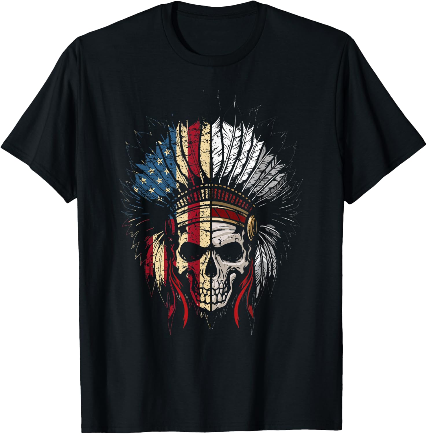 American Native Headdress USA Flag Indian Skull Women Men T-Shirt - T-Shirt | Black