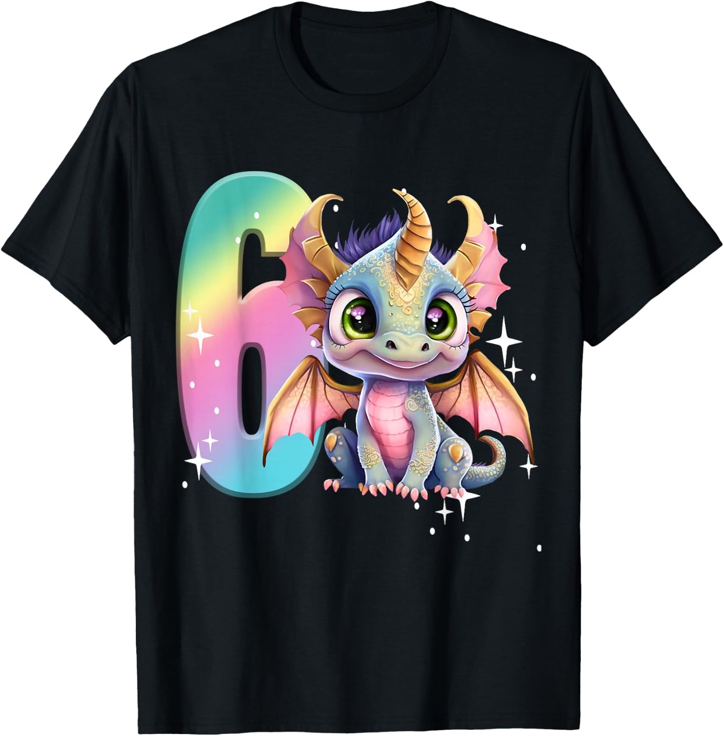 6th Birthday Shirt Dragon Party Rainbow Girl Dragon Cute Six T-Shirt - T-Shirt | Black