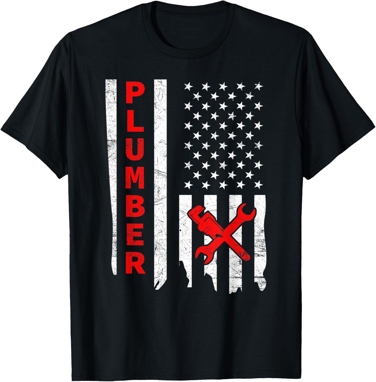 Plumber USA Flag Pipe Wrench Tradesman plumbing Pipefitter T-Shirt - T-Shirt | Black