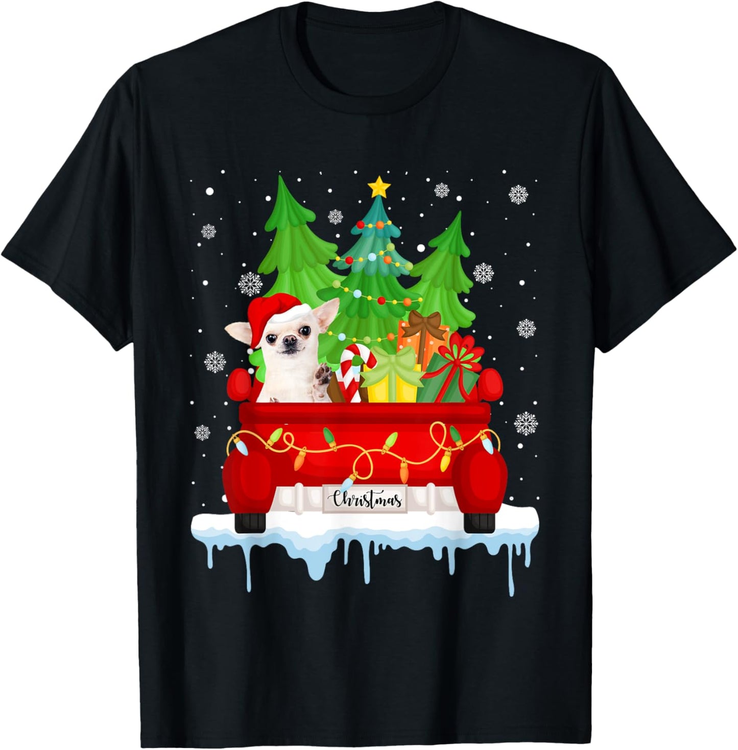 Red Truck Merry Christmas Tree Xmas Chihuahua Dog T-Shirt - T-Shirt | Black