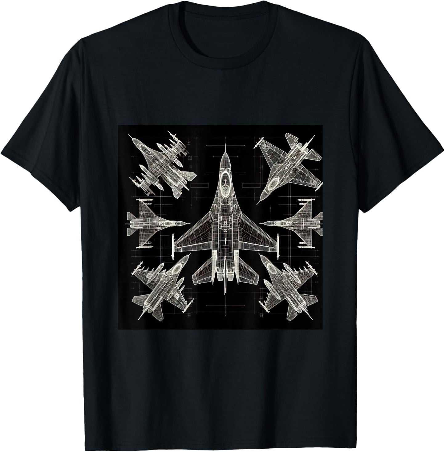 F16 Viper Jet Fighter Wireframe Blueprint T-Shirt - T-Shirt | Black