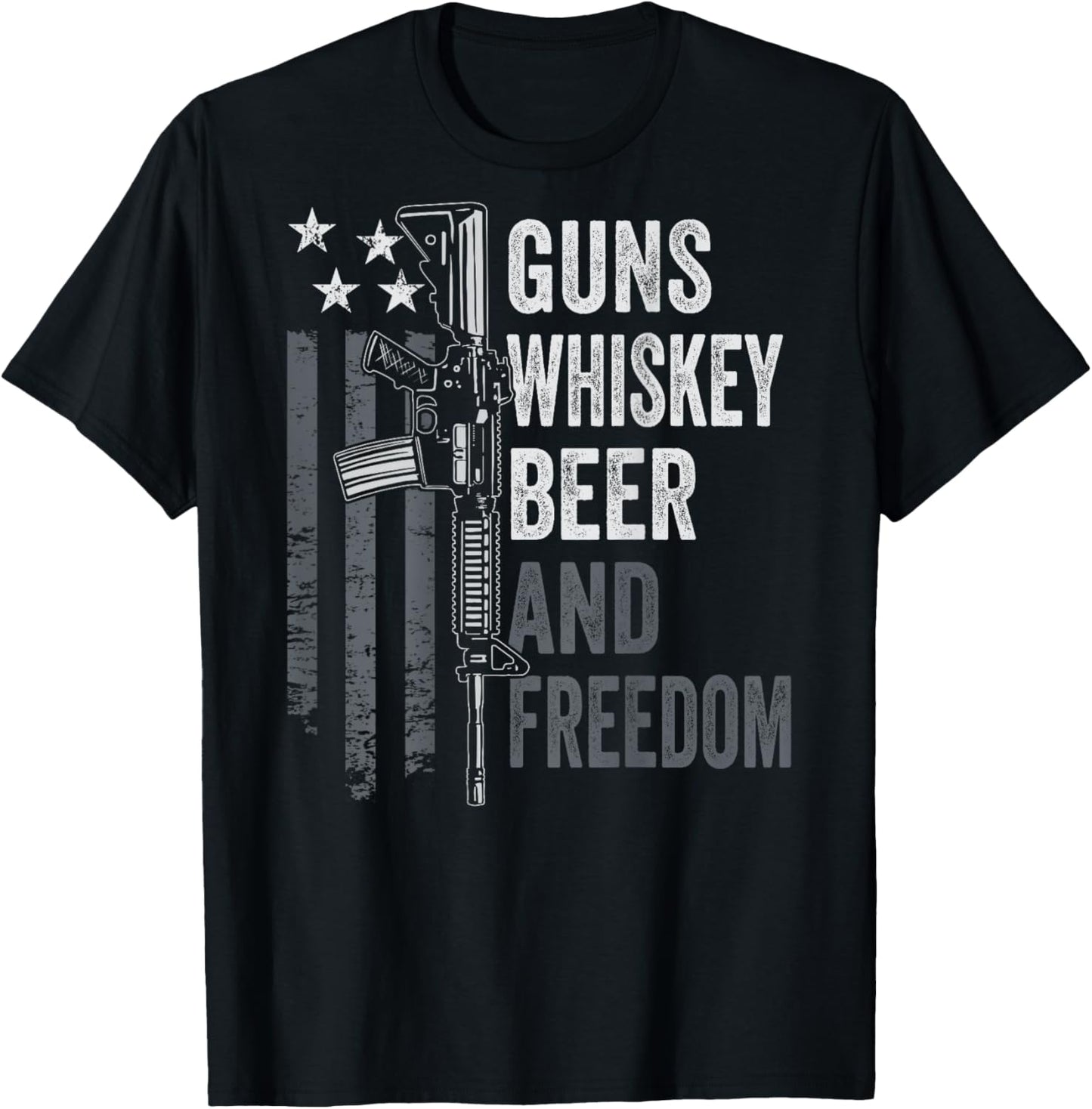 Guns Whisky Beer And Freedom - Funny Drinking Gun (ON BACK) T-Shirt - T-Shirt | Black