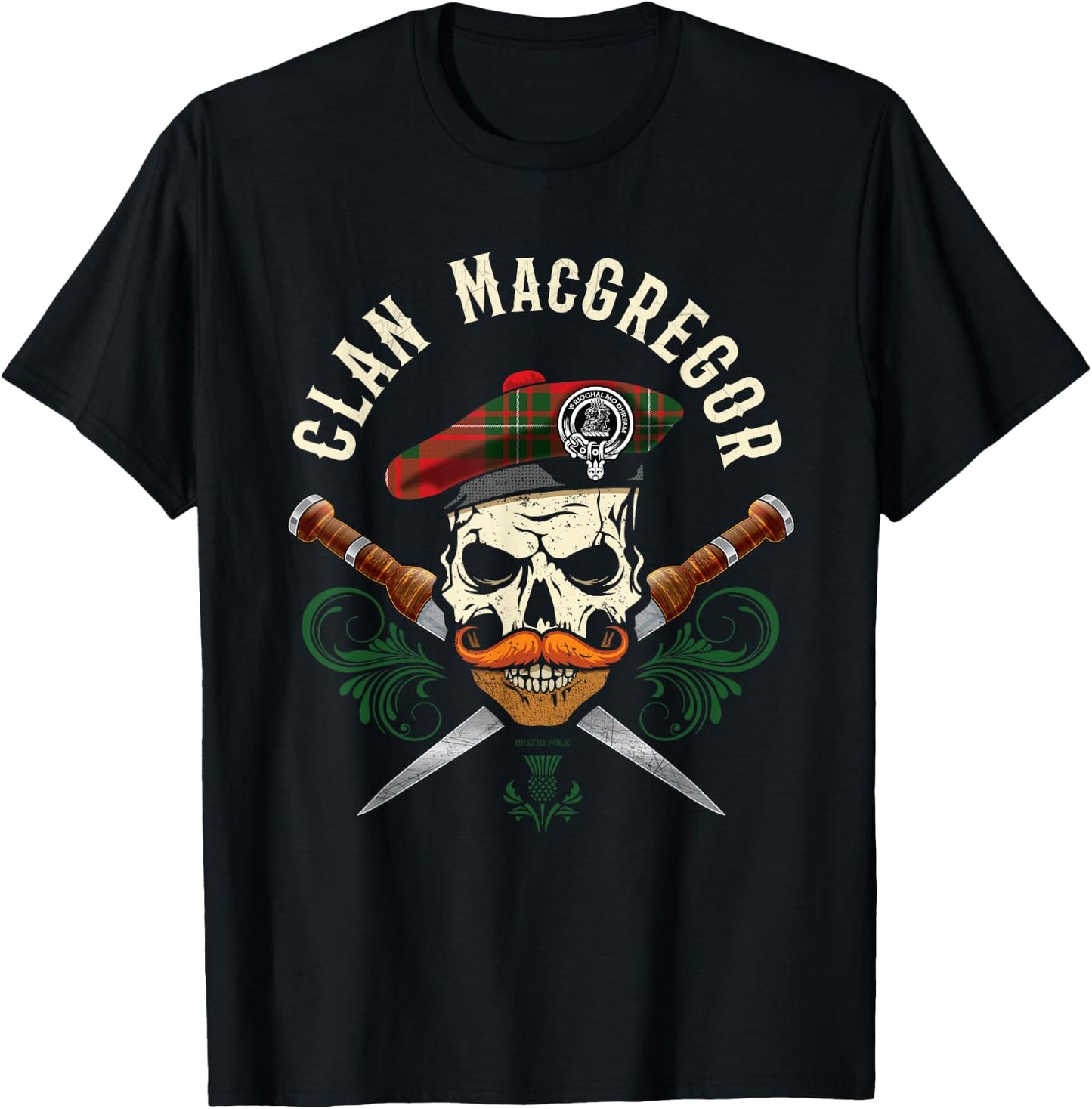 Scottish Clan MacGregor Surname Skull Dirks Tartan Badge T-Shirt - T-Shirt | Black