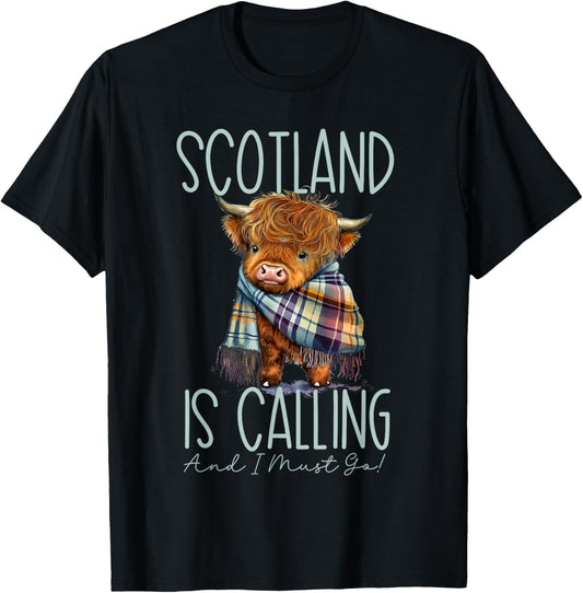 Scotland is Calling and I Must Go! Highland Cow T-Shirt - T-Shirt | Black