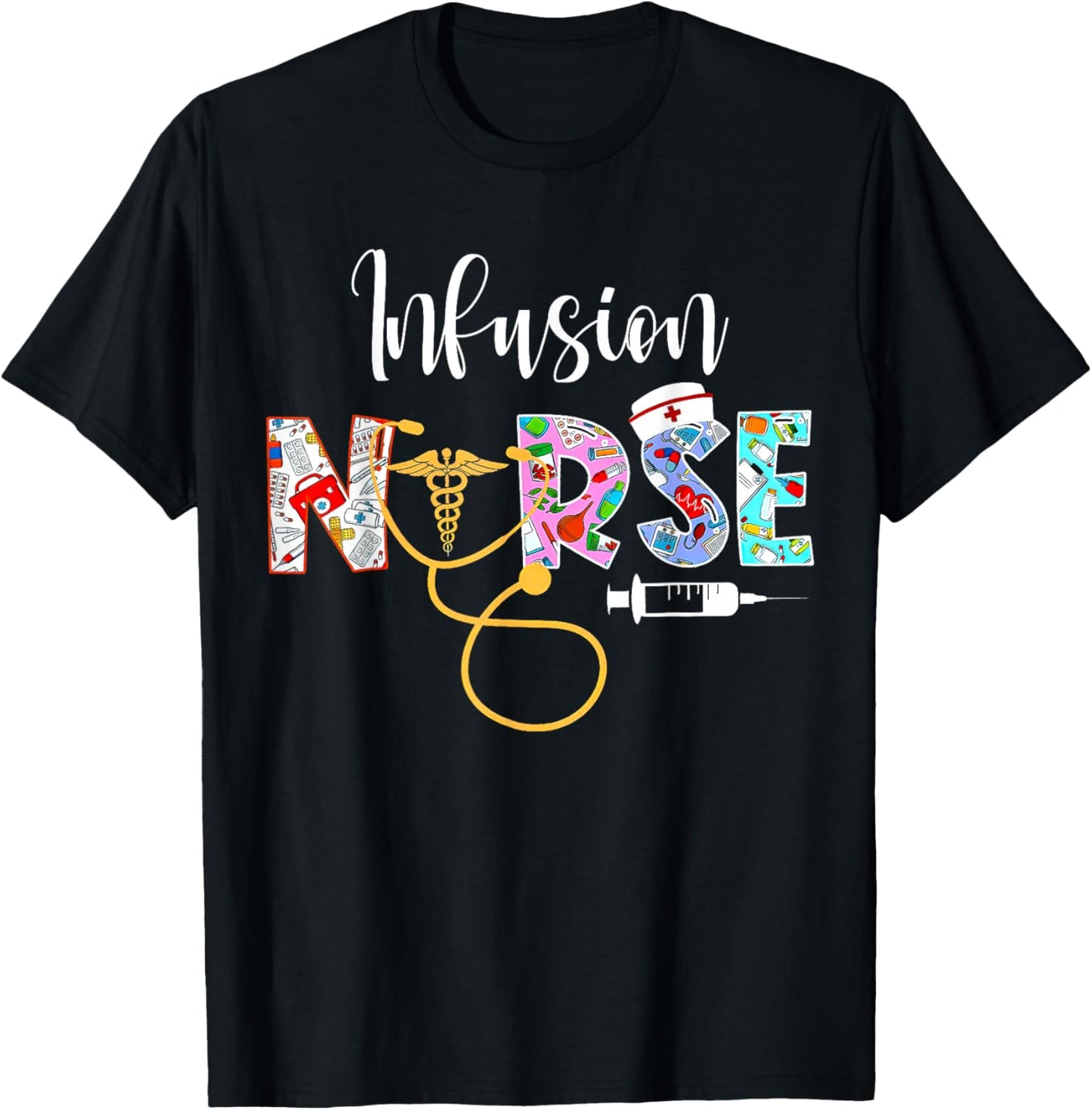 Infusion Nurse Intravenous IV Therapy Oncology Nurse - Black, Adults - Small, Short Sleeve, Modern, Medical Theme T-Shirt - T-Shirt | Black