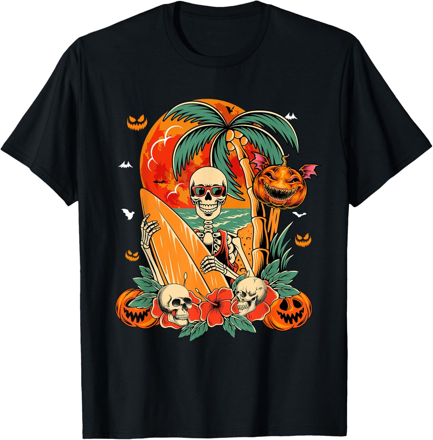 Skeleton Surfer Halloween Hawaiian Floral Carved Pumpkins T-Shirt - T-Shirt | Black