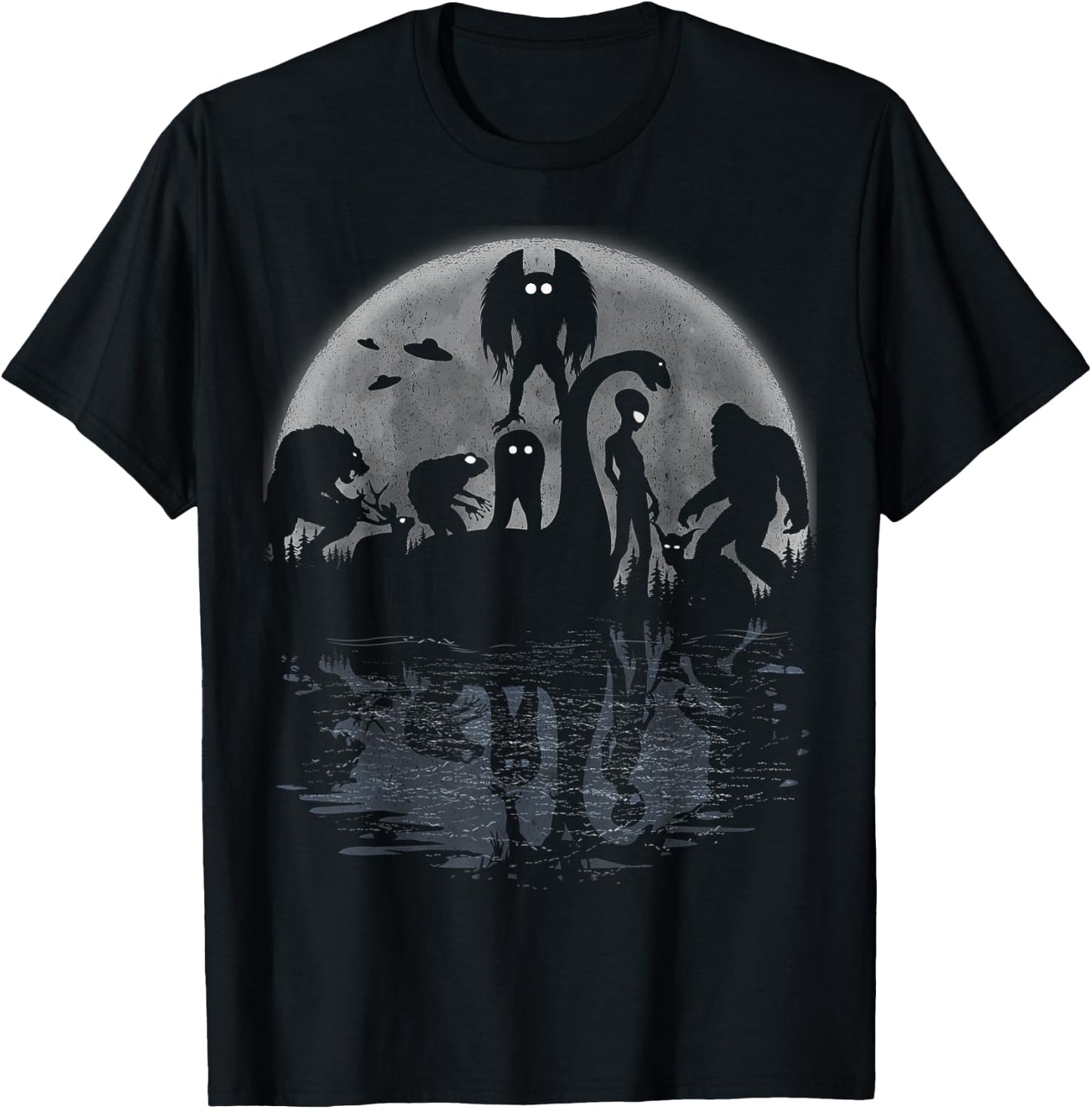 Bigfoot Loch Ness Monster Mothman And Aliens Funny Cryptid T-Shirt - T-Shirt | Black