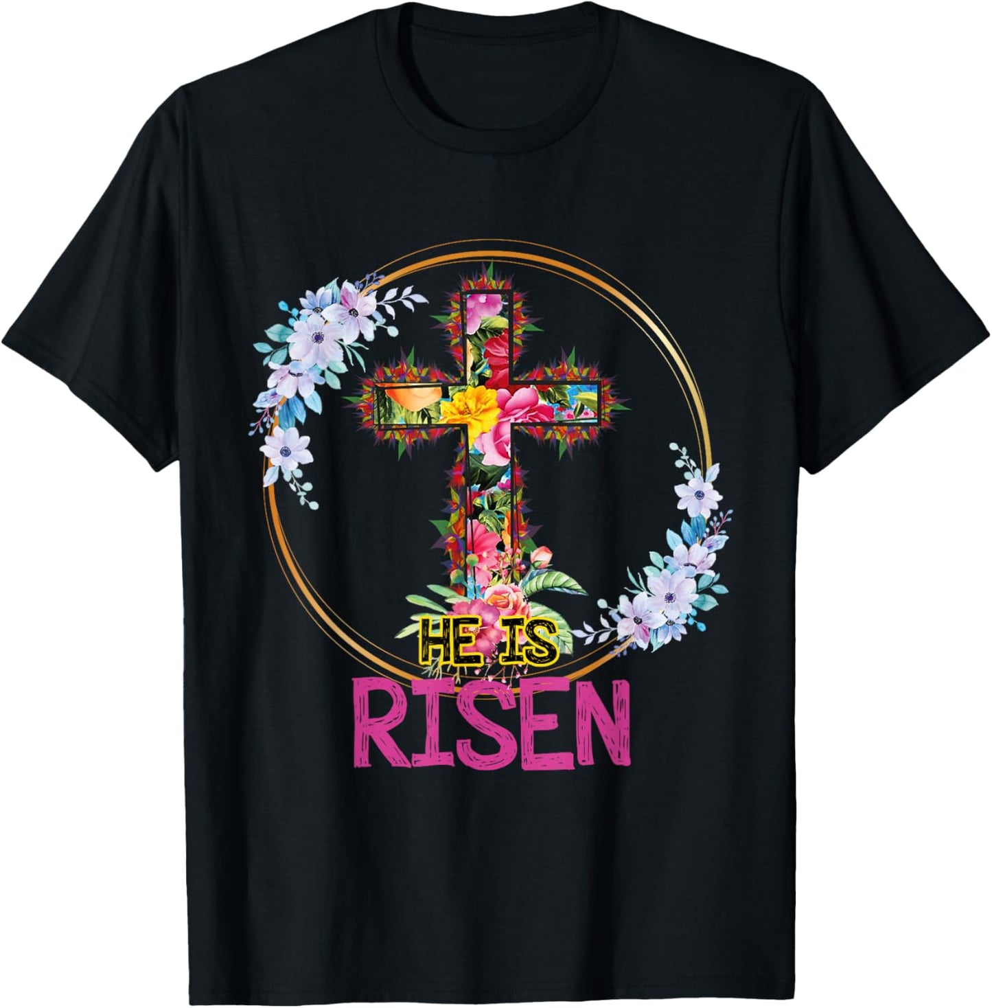 He is Risen Floral Tie Dye Vintage Cross Happy Easter T-Shirt - T-Shirt | Black