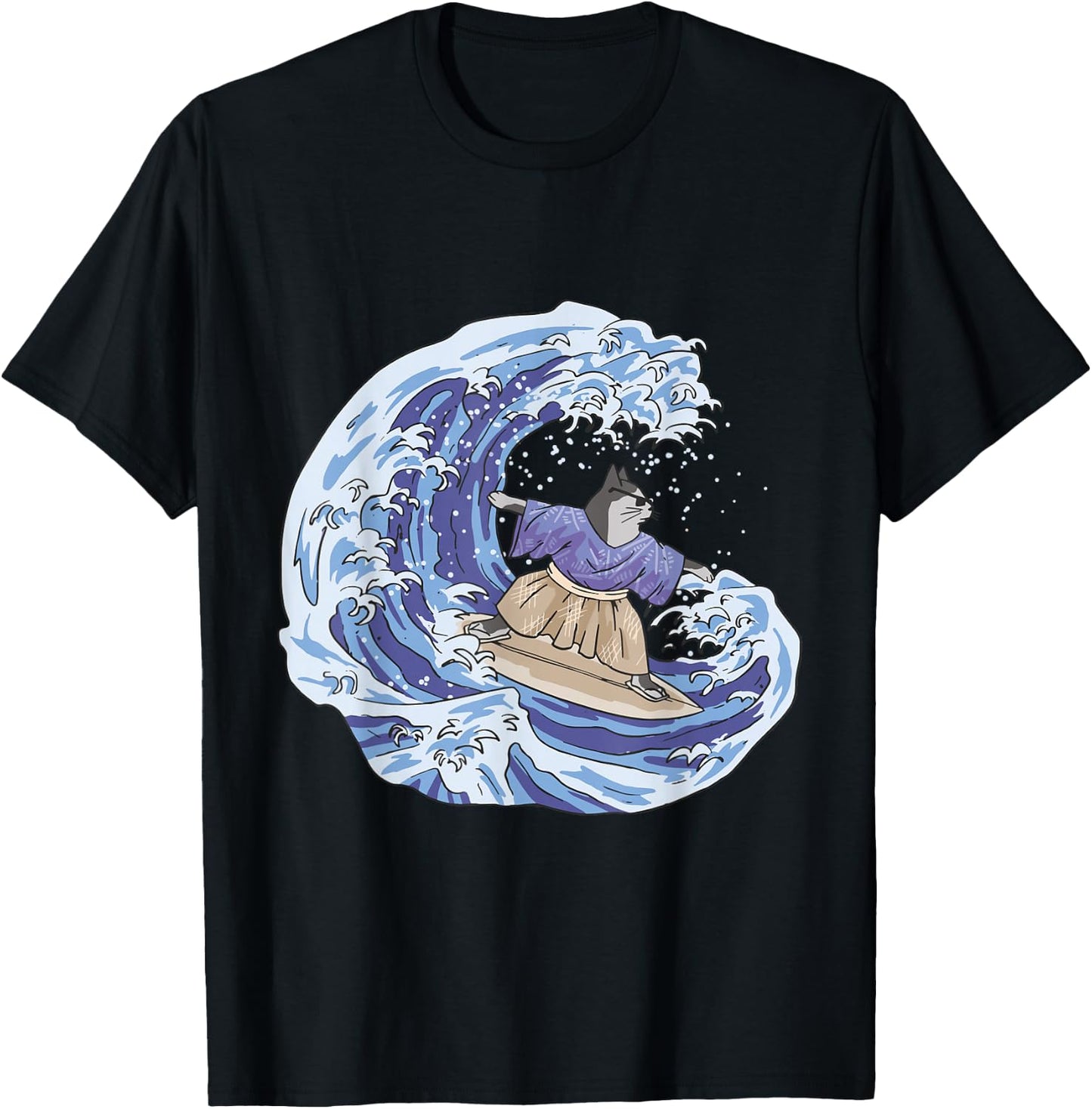 Surfing Japan Samurai Cat Vintage Surf Board T-Shirt - T-Shirt | Black
