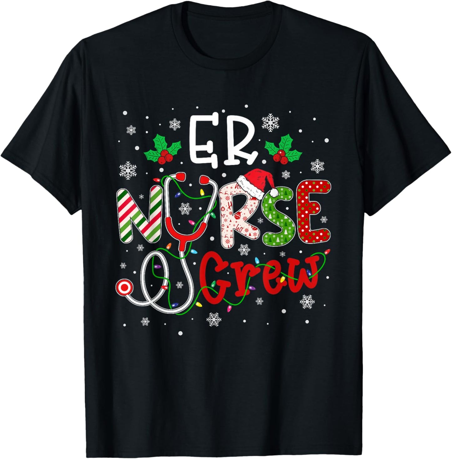 ER Christmas Nurse Crew Funny Nursing Christmas Pattern T-Shirt - T-Shirt | Black
