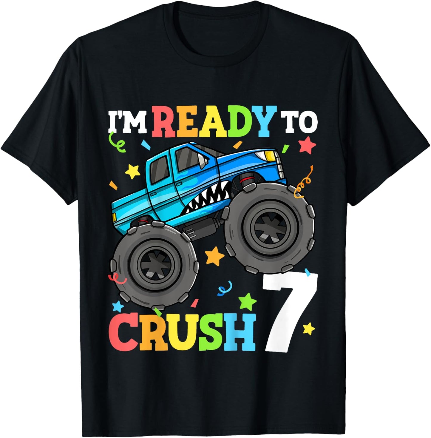 Kids Monster Truck Shark 7th Birthday Boy 7 Seven Year Old T-Shirt - T-Shirt | Black