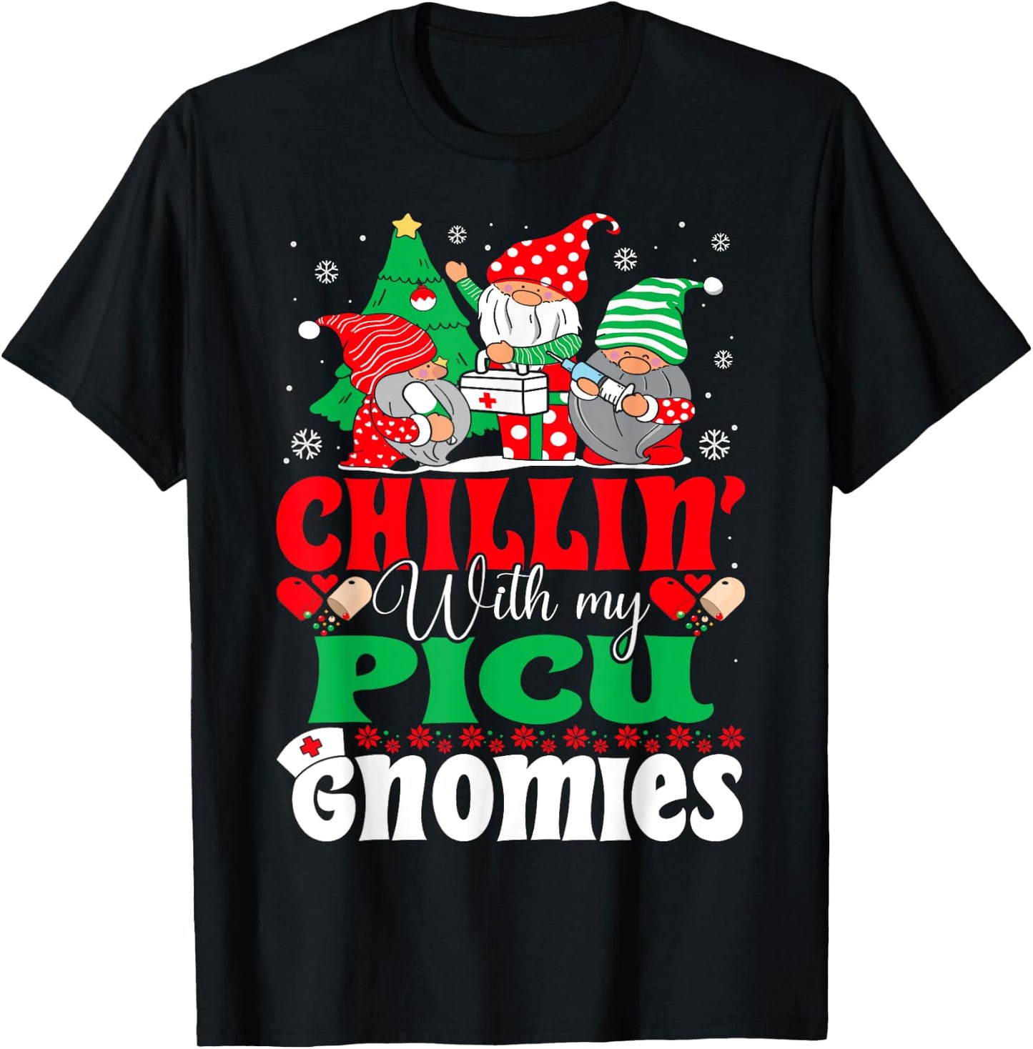 PICU Nurse Gnomes Pediatric Intensive Care Nurse Christmas T-Shirt - T-Shirt | Black