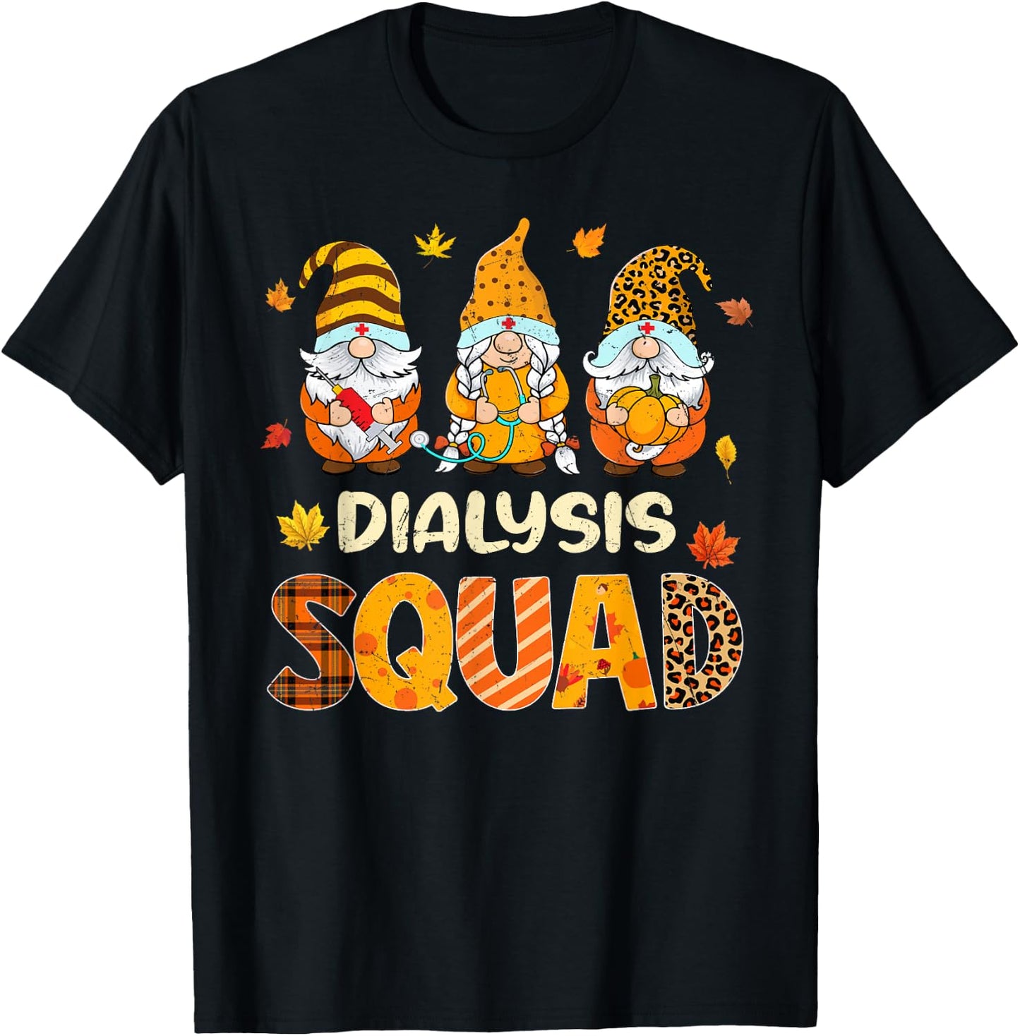 Dialysis Squad Cute Gnome Nurse Leopard Thanksgiving Fall T-Shirt - T-Shirt | Black